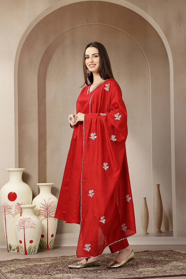 Red Embroidered Silk blend Anarkali Suit Set
