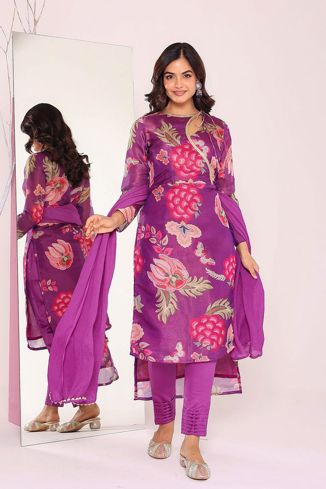 Purple Floral Printed Tissue Kurti Pant Set (135purpleprint)