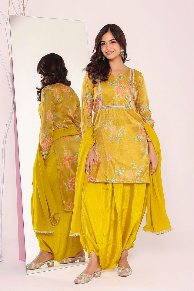 Yellow Floral Printed Tissue Punjabi Suit Set (136yellowprint)