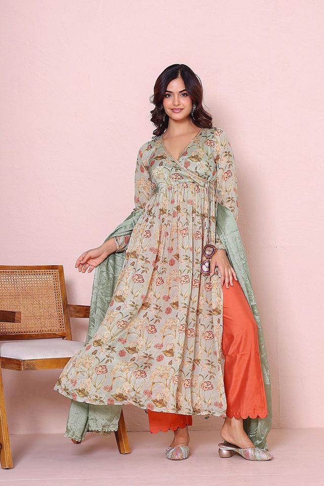 Turquoise Floral Printed Chinon Kurti Pant Set (138mintchinnon)