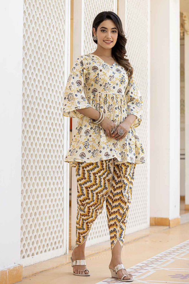 Yellow Floral Print Gotta patti Pure Cotton Kurti Pant Set