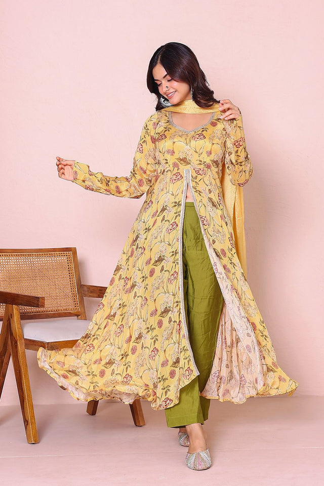 Yellow Floral Printed Chinon Kurti Pant Set (139yellowchinnon)