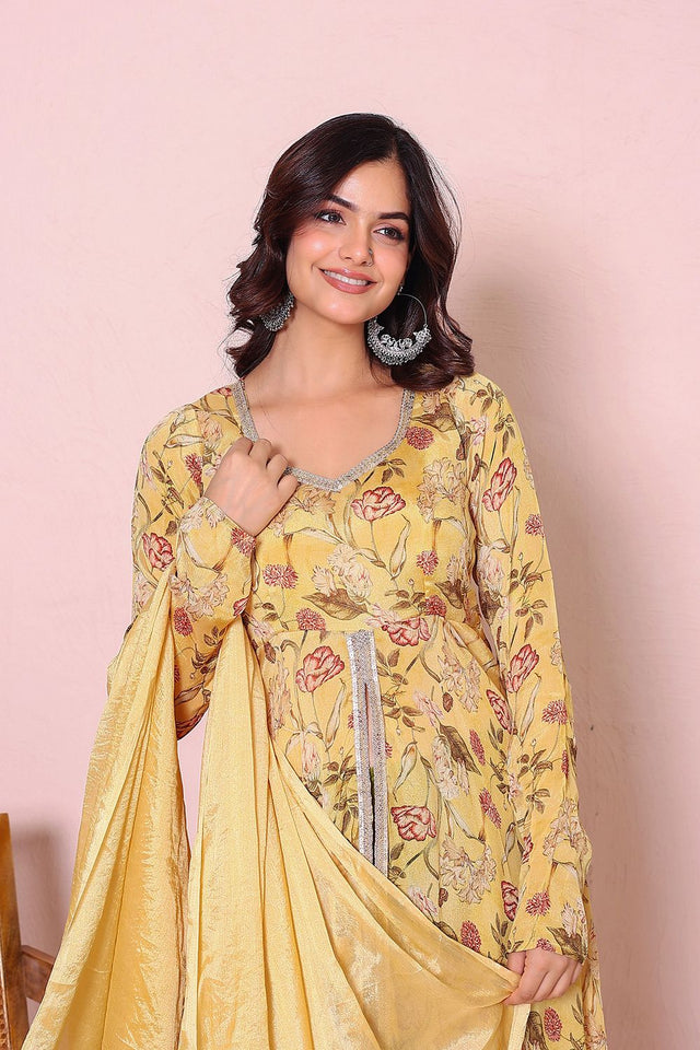 Yellow Floral Printed Chinon Kurti Pant Set (139yellowchinnon)