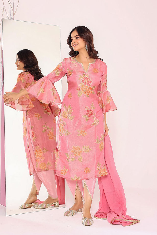 Pink Floral Printed Tissue Punjabi Suit Set (13Pinkprint)