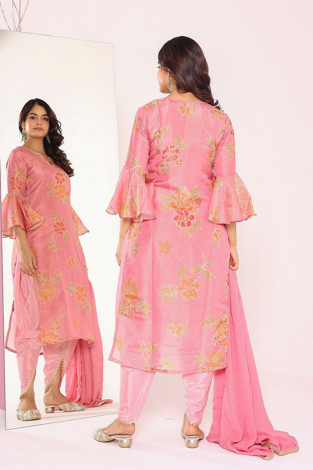 Pink Floral Printed Tissue Punjabi Suit Set (13Pinkprint)
