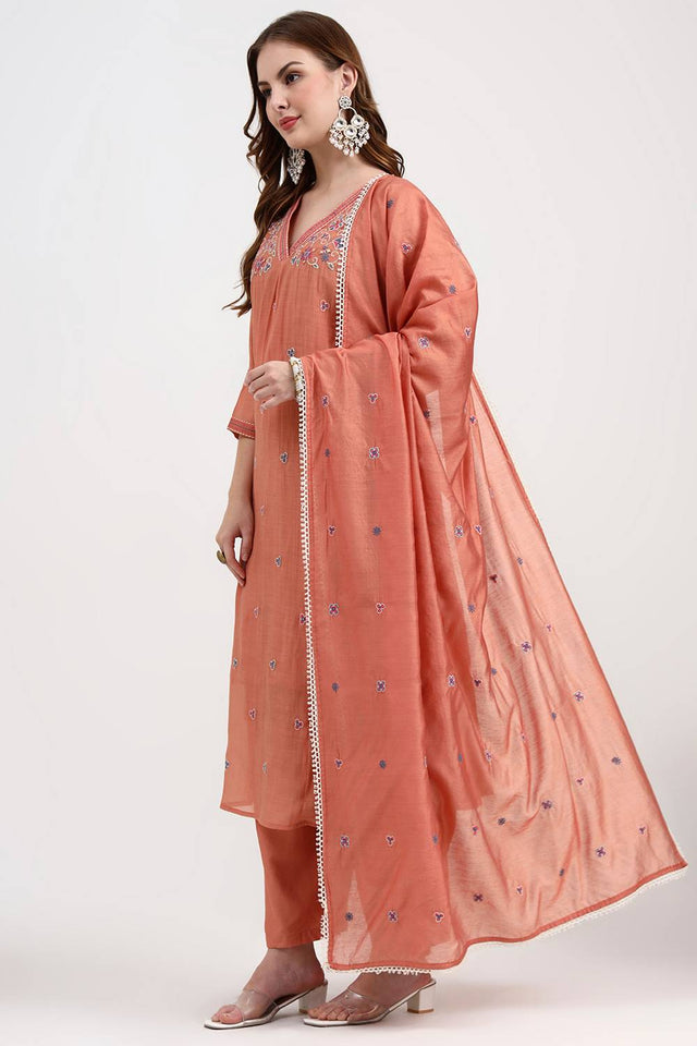 Peach Embroidered Silk Anarkali Suit Set