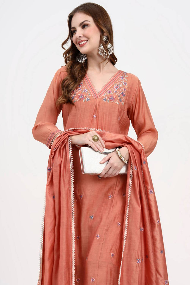 Peach Embroidered Silk Anarkali Suit Set