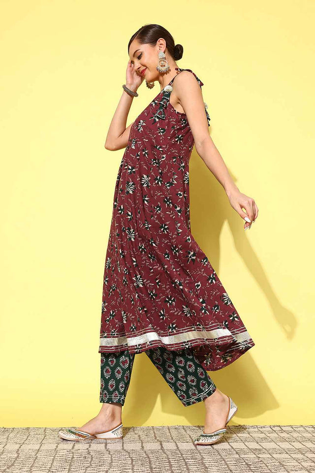 Red Floral Print Pure Cotton Kurti Pant Set
