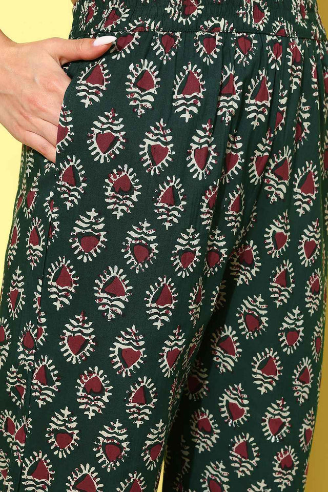 Red Floral Print Pure Cotton Kurti Pant Set