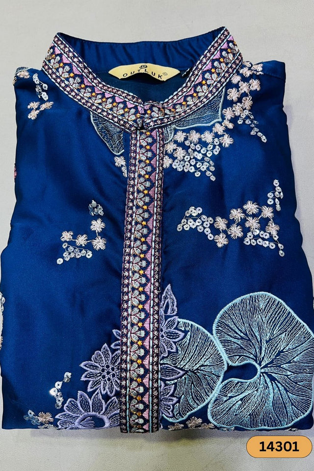 Mens Navy Blue Sequin with Floral Embroidered Satin Kurta Set (14301)