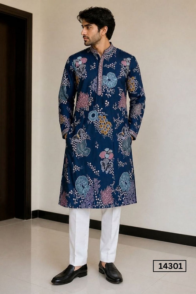 Mens Navy Blue Sequin with Floral Embroidered Satin Kurta Set (14301)