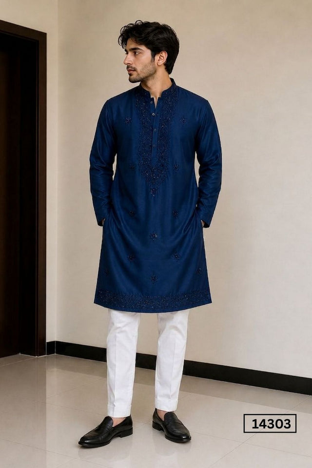 Mens Navy Blue Sequin with Floral Embroidered Cotton Kurta Set (14303)