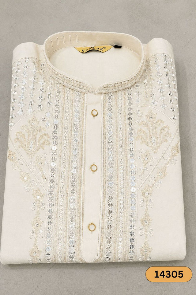 Mens Cream Sequin with Floral Embroidered Silk Kurta Set (14305)