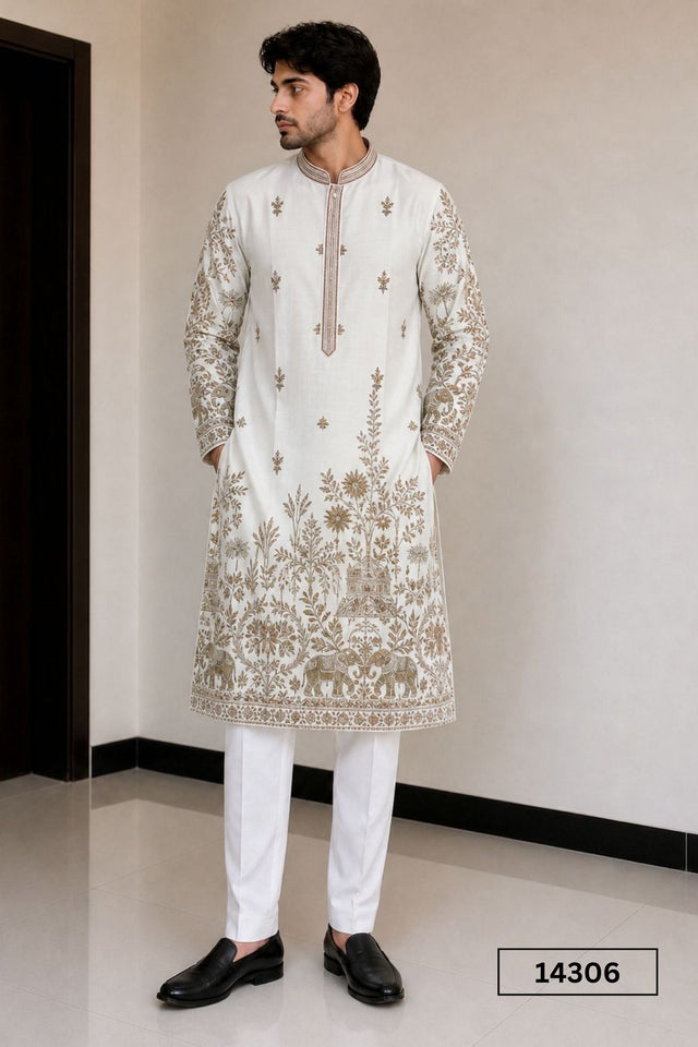Mens White Sequin with Floral Embroidered Silk Kurta Set (14306)