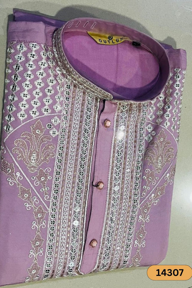 Mens Pink Sequin with Floral Embroidered Silk Kurta Set (14307)