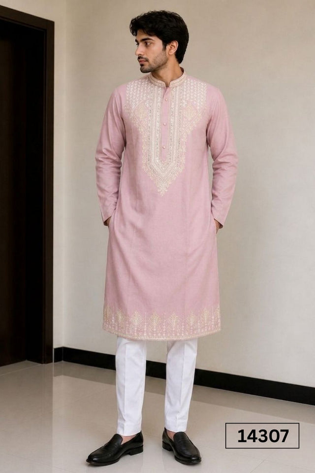 Mens Pink Sequin with Floral Embroidered Silk Kurta Set (14307)