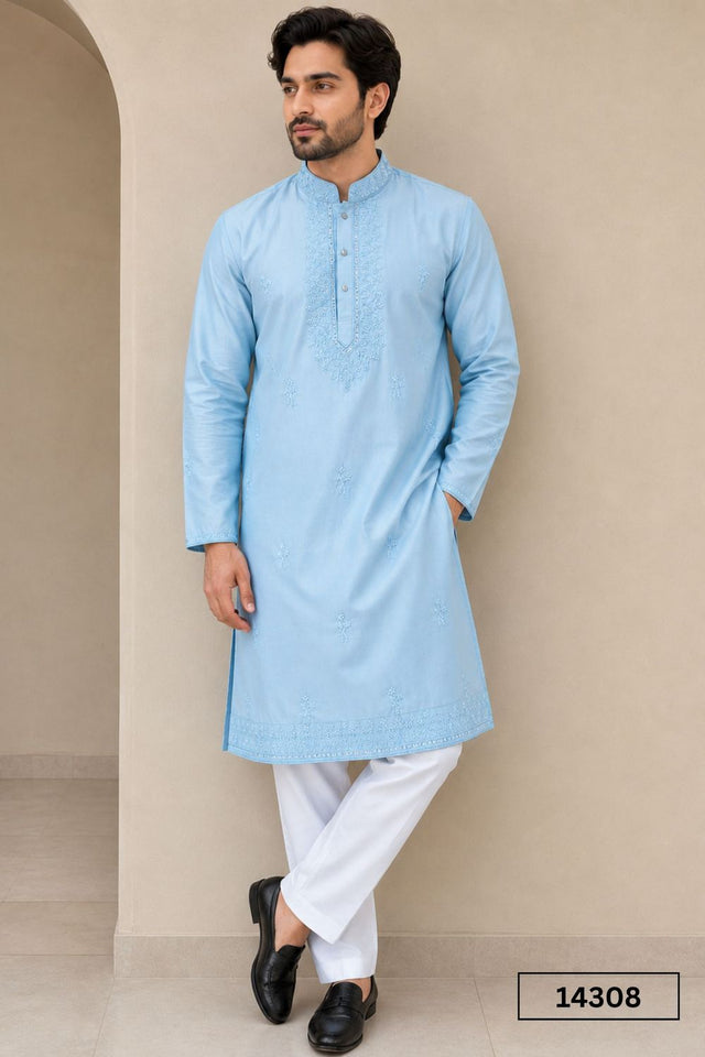 Mens Blue Sequin with Floral Embroidered Satin Kurta Set (14308)