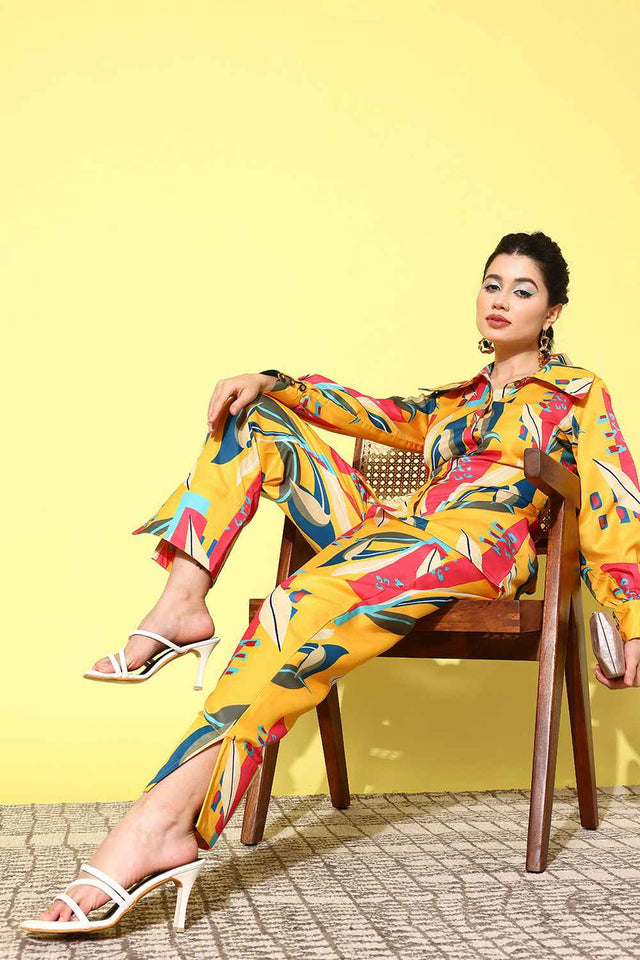 Yellow Abstract Print Satin Co-Ord Set (1433CRDYL)