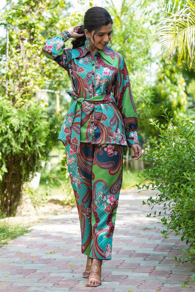 Green Satin Printed Co-Ord Set