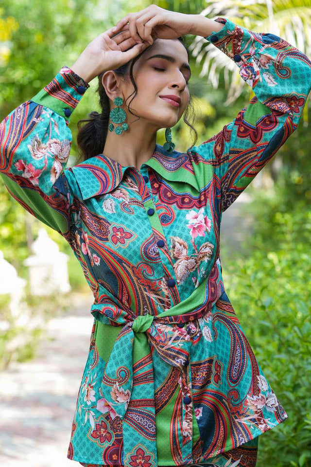 Green Satin Printed Co-Ord Set