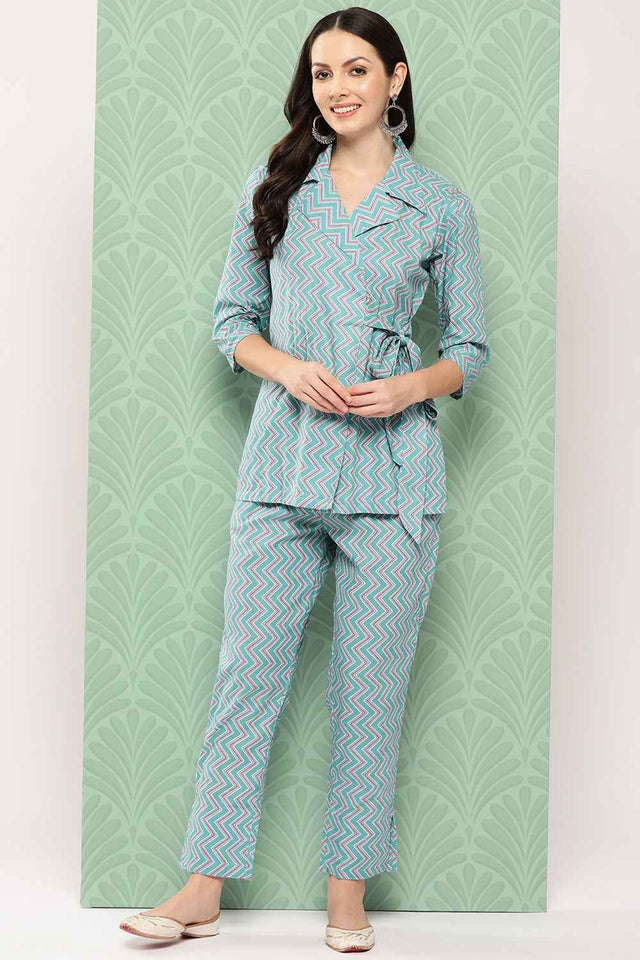 Turquoise Chevron Print Cotton Co-Ord Set