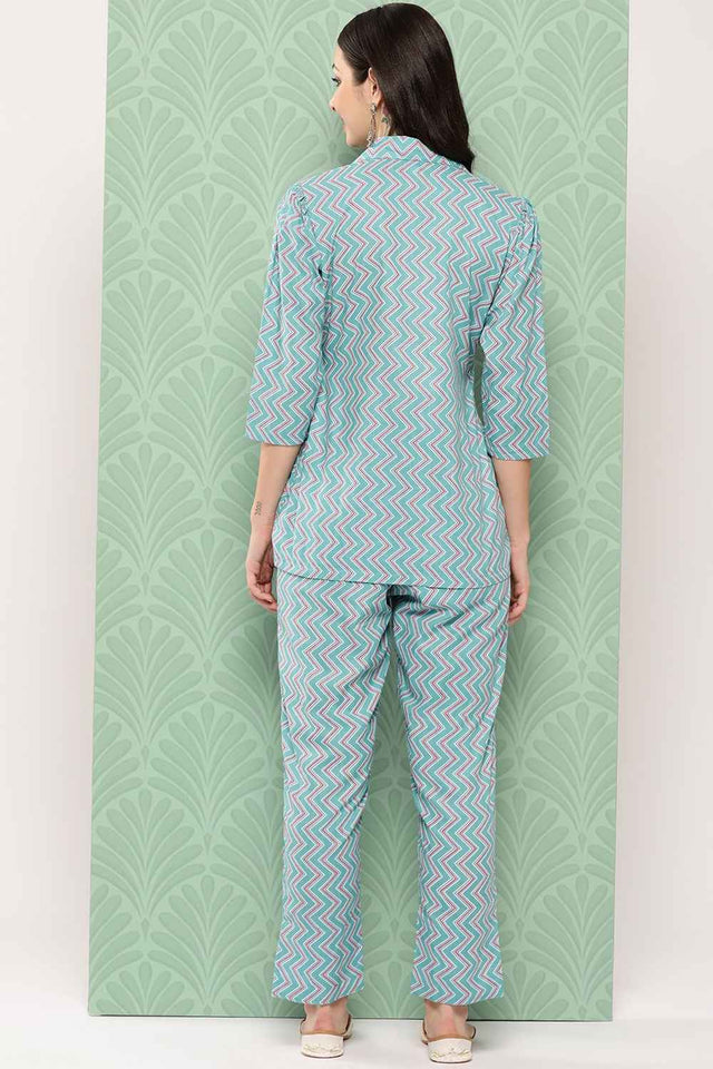 Turquoise Chevron Print Cotton Co-Ord Set