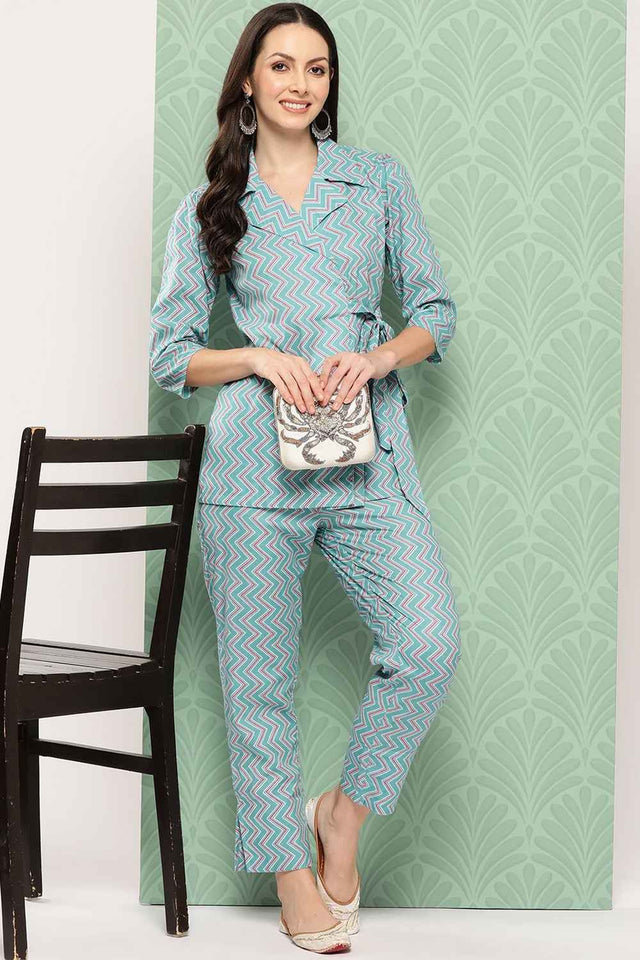 Turquoise Chevron Print Cotton Co-Ord Set