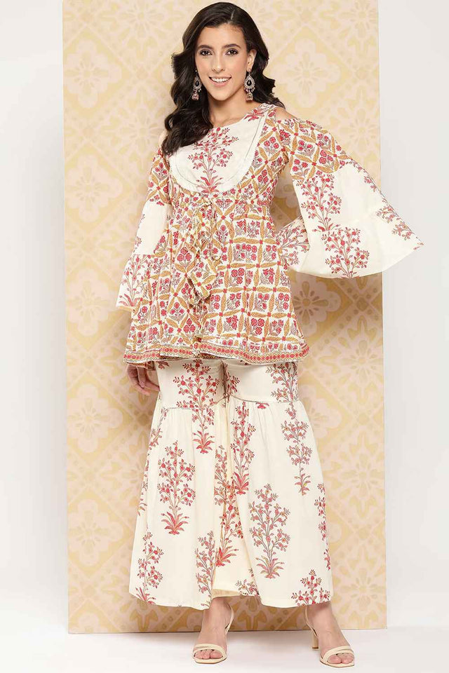 Beige Striped Gotta Patti Cotton Co-Ord Set