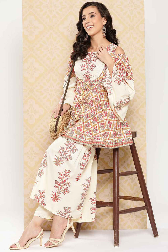 Beige Striped Gotta Patti Cotton Co-Ord Set