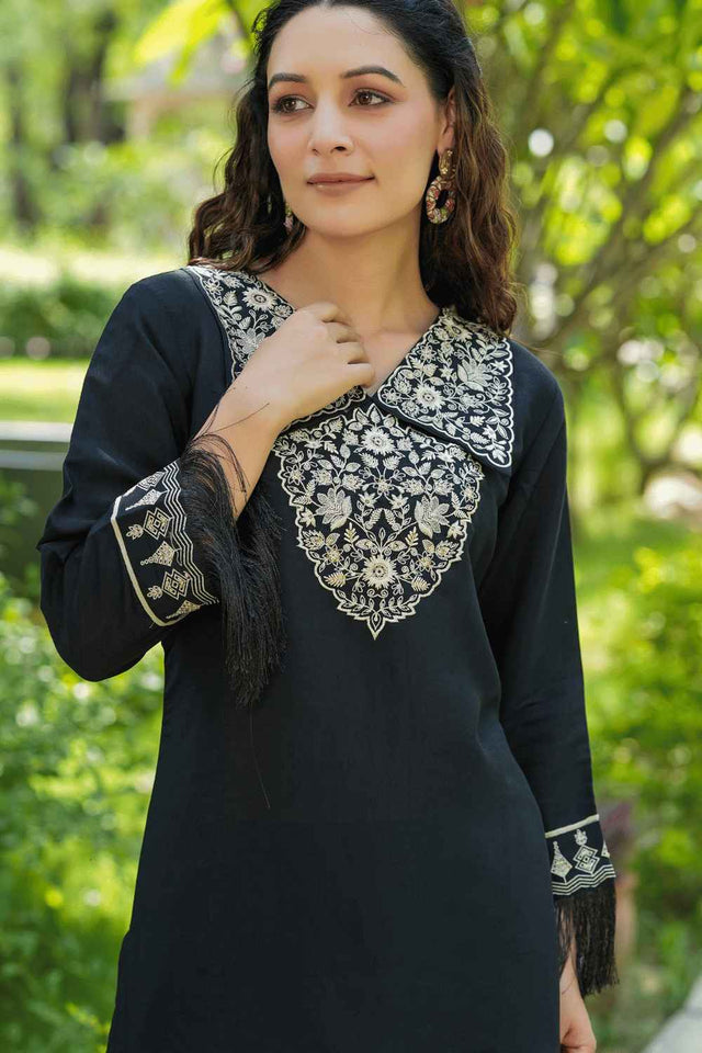 Black Embroidered Silk Co-Ord Set (1476CRDBK)