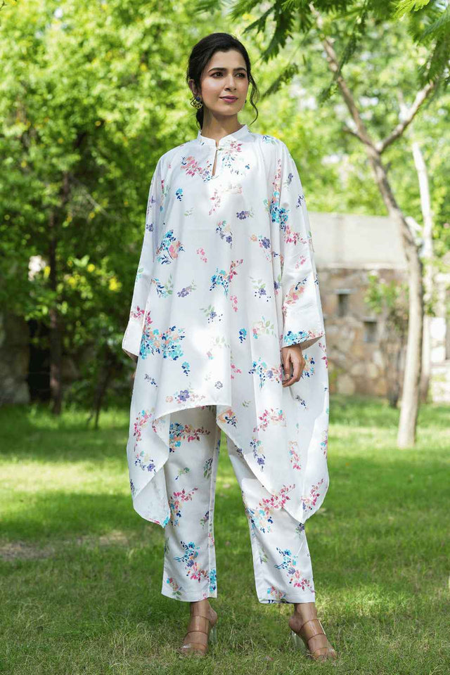 White Floral Print Silk Co-Ord Set (1507CRDWH)