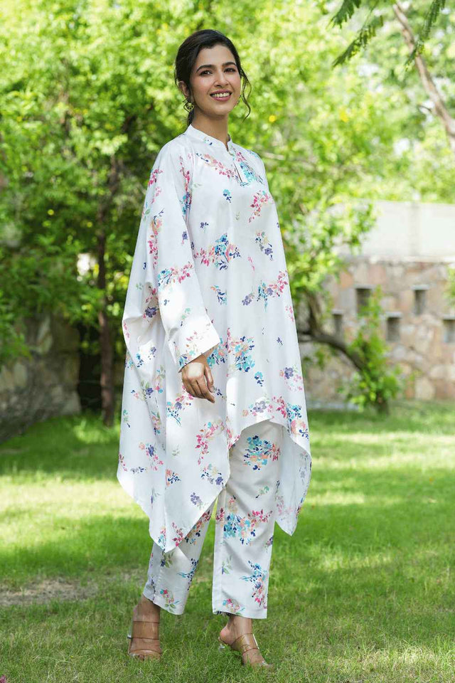 White Floral Print Silk Co-Ord Set (1507CRDWH)