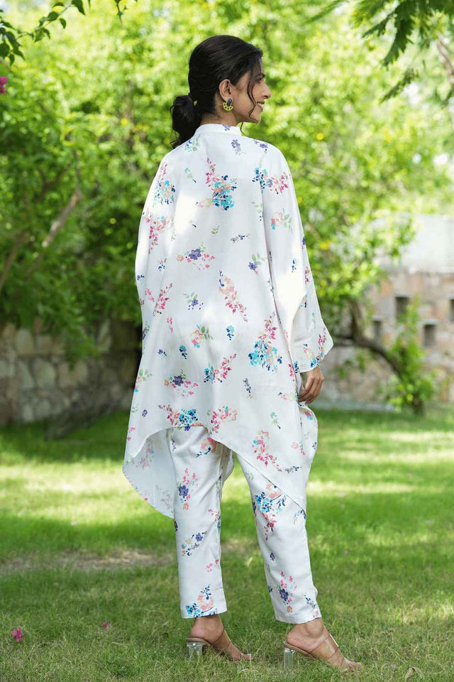 White Floral Print Silk Co-Ord Set (1507CRDWH)