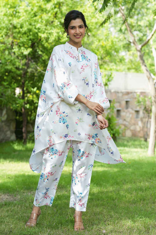 White Floral Print Silk Co-Ord Set (1507CRDWH)