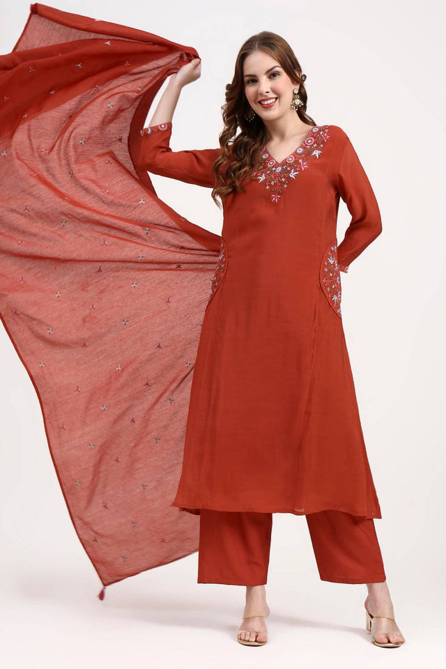 Red Embroidered Silk Anarkali Suit Set