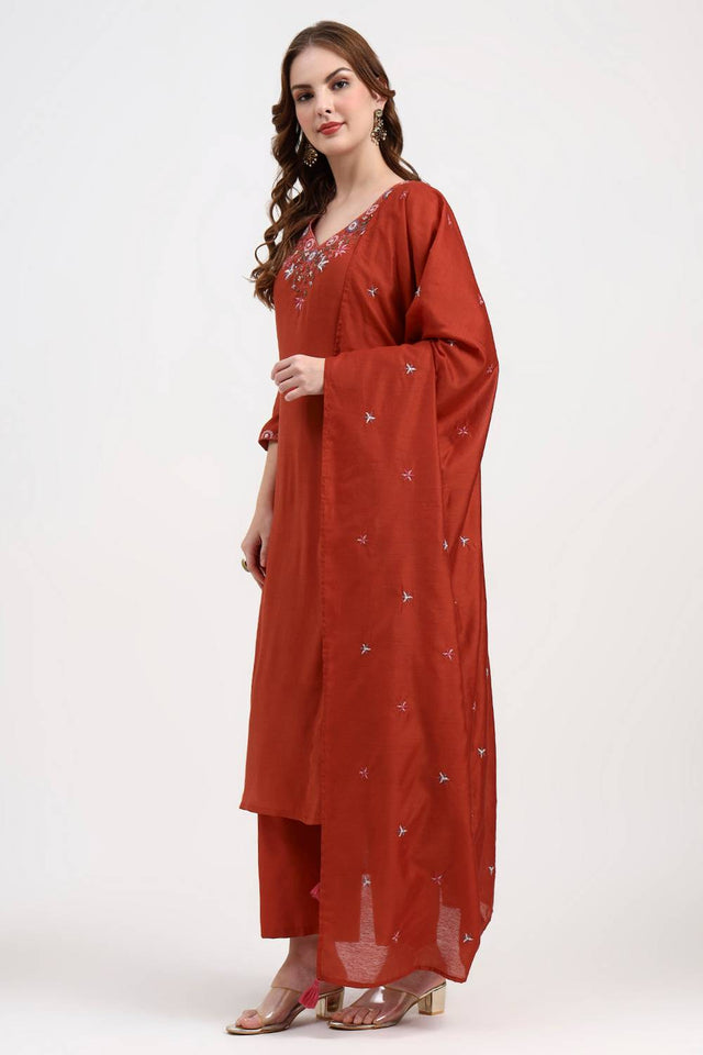 Red Embroidered Silk Anarkali Suit Set