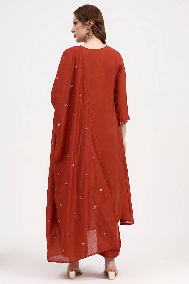 Red Embroidered Silk Anarkali Suit Set