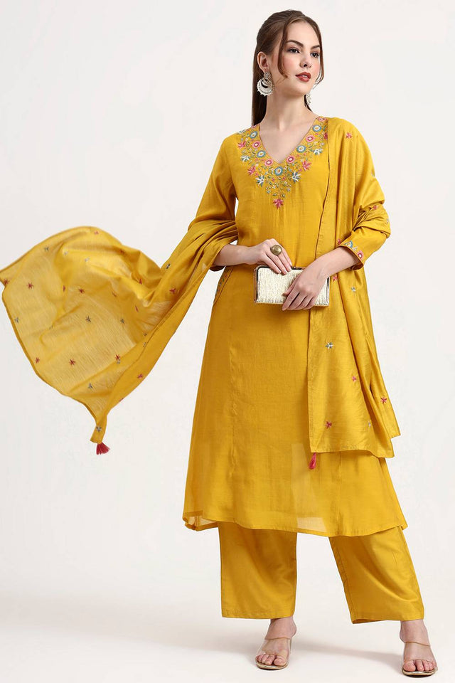 Yellow Embroidered Silk Anarkali Suit Set