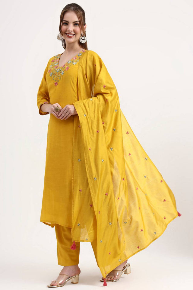 Yellow Embroidered Silk Anarkali Suit Set