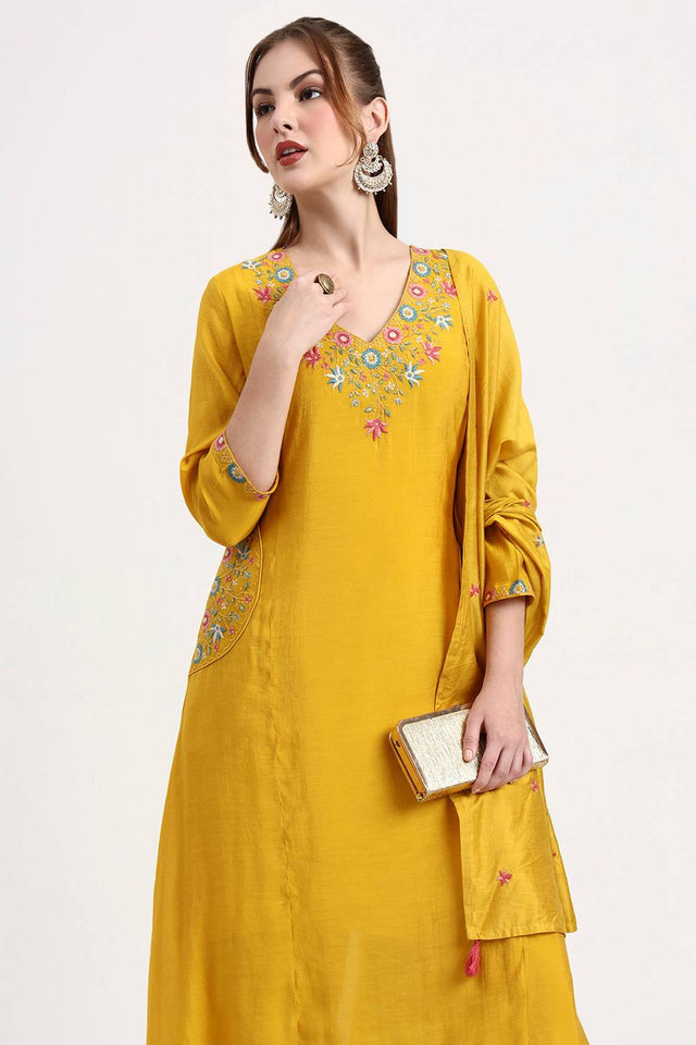 Yellow Embroidered Silk Anarkali Suit Set