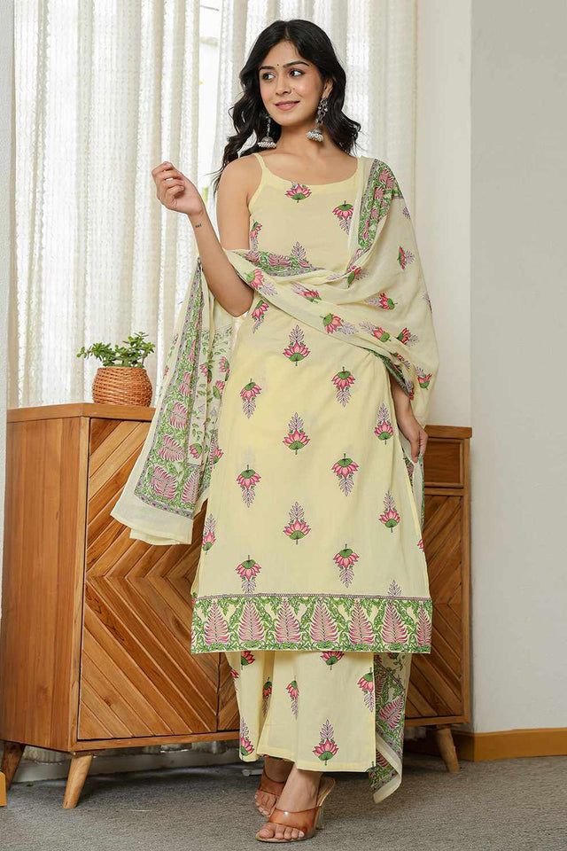 Yellow Floral Print Cotton Kurti Pant Set