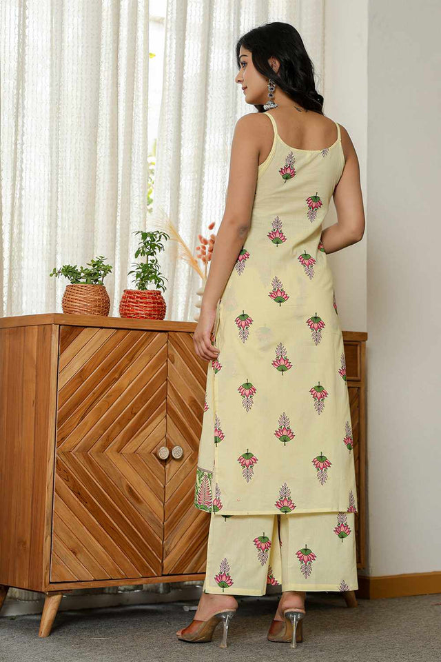Yellow Floral Print Cotton Kurti Pant Set