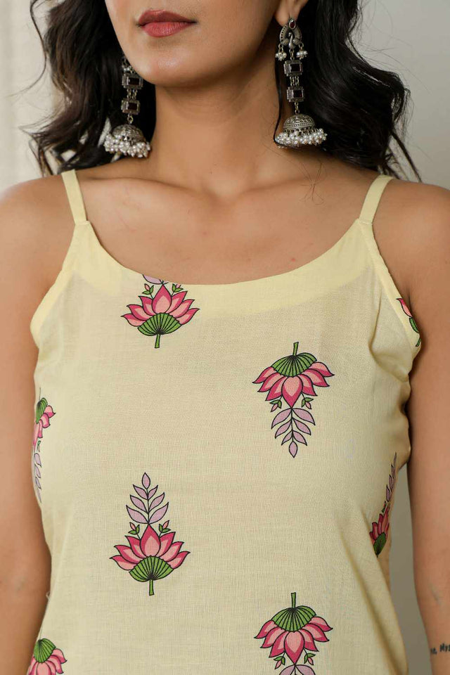 Yellow Floral Print Cotton Kurti Pant Set
