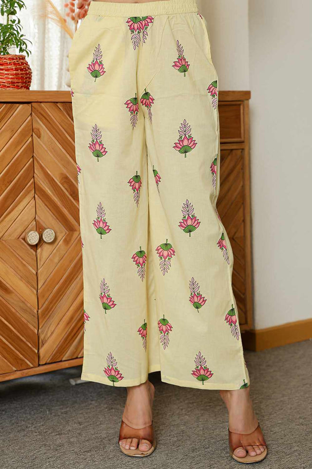 Yellow Floral Print Cotton Kurti Pant Set