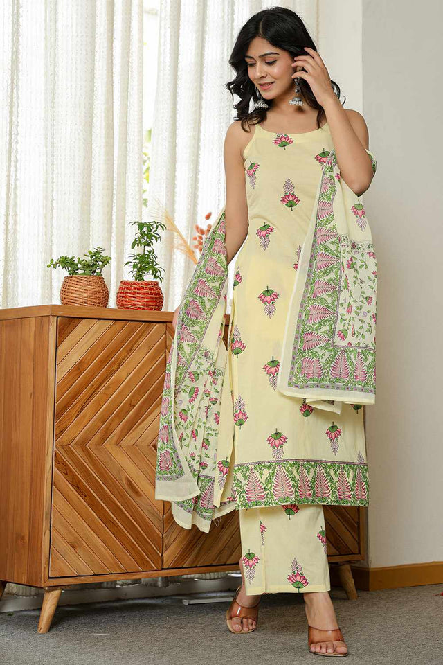 Yellow Floral Print Cotton Kurti Pant Set