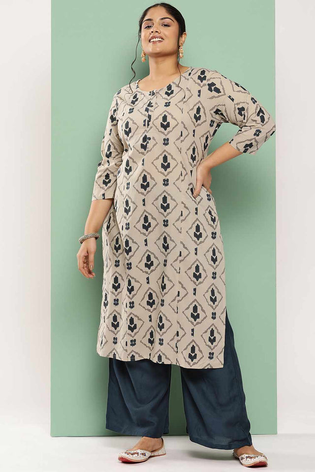 Beige Printed Cotton Kurti Palazzo Set