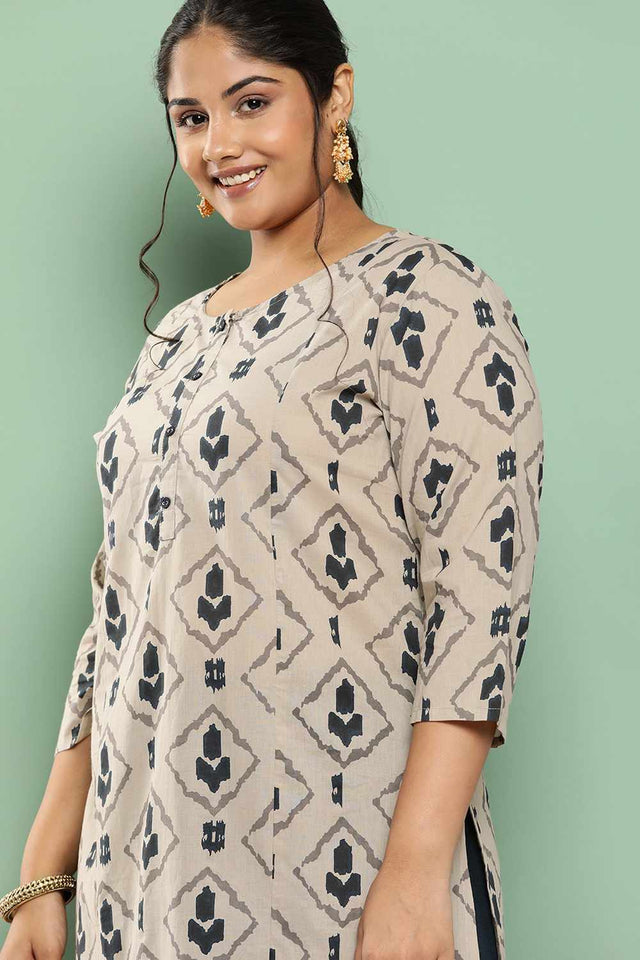 Beige Printed Cotton Kurti Palazzo Set