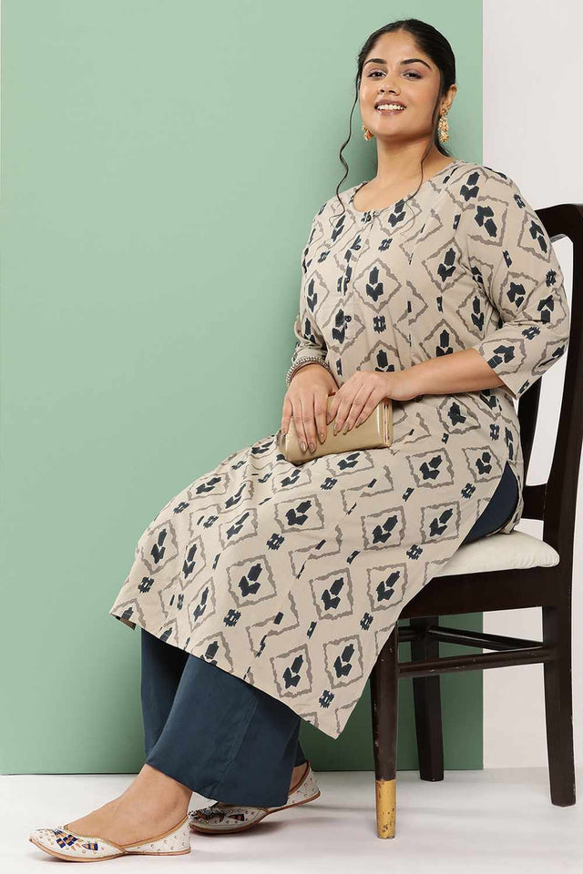 Beige Printed Cotton Kurti Palazzo Set