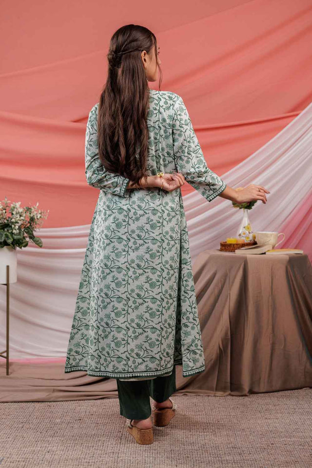 Green Floral Print Lace Work Pure Cotton Kurti Pant Set