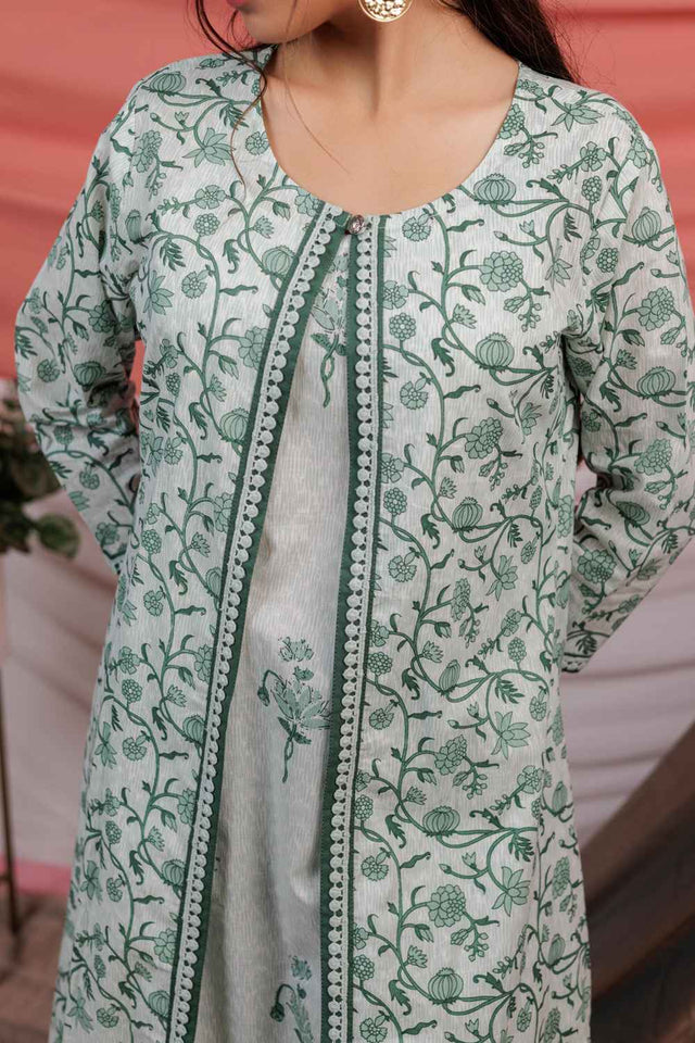 Green Floral Print Lace Work Pure Cotton Kurti Pant Set